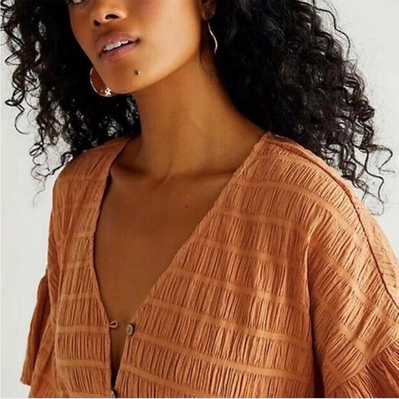 Free People Orange Cottagecore Gauzy Flowy Stretchy Buttoned Shirt Tunic Dress - Picture 2 of 6